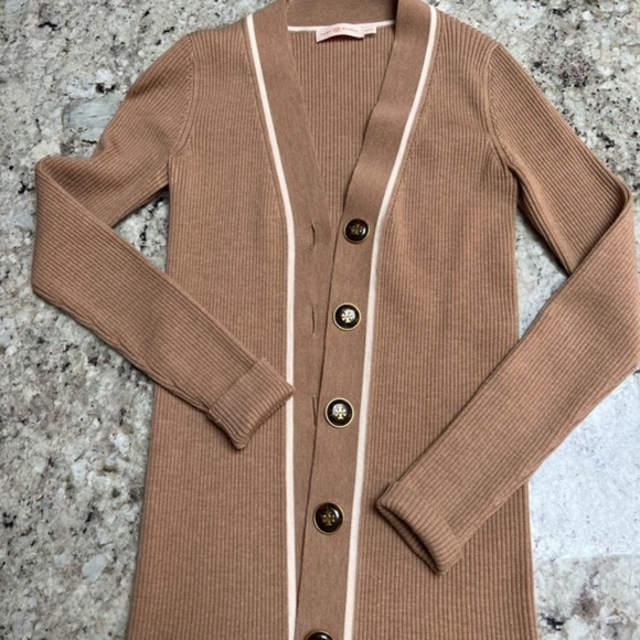 Tory Burch Ribbed Merino Wool Blend Simone Cardigan - Picture 4 of 9